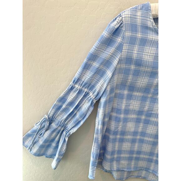 🆕 SANCTUARY | Plaid Blue White Keyhole Puff Long Sleeve Peasant Blouse | Small - Picture 3 of 7